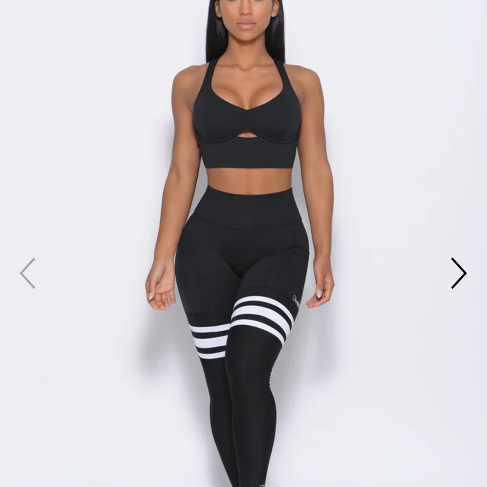 Bombshell Sportswear Black Leggings with White Stripes-PERFORM THIGH HIGHS - Picture 7 of 7